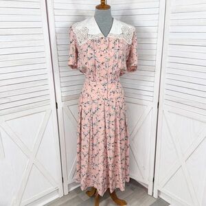 Vintage‎ 80s Karin Stevens Floral Lace Collar Puff Sleeve Maxi Dress Pink 8